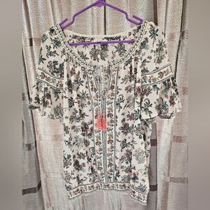 Max Studio Floral Blouse, Ruffle Sleeves, Pink, Green, Size L, Like New!